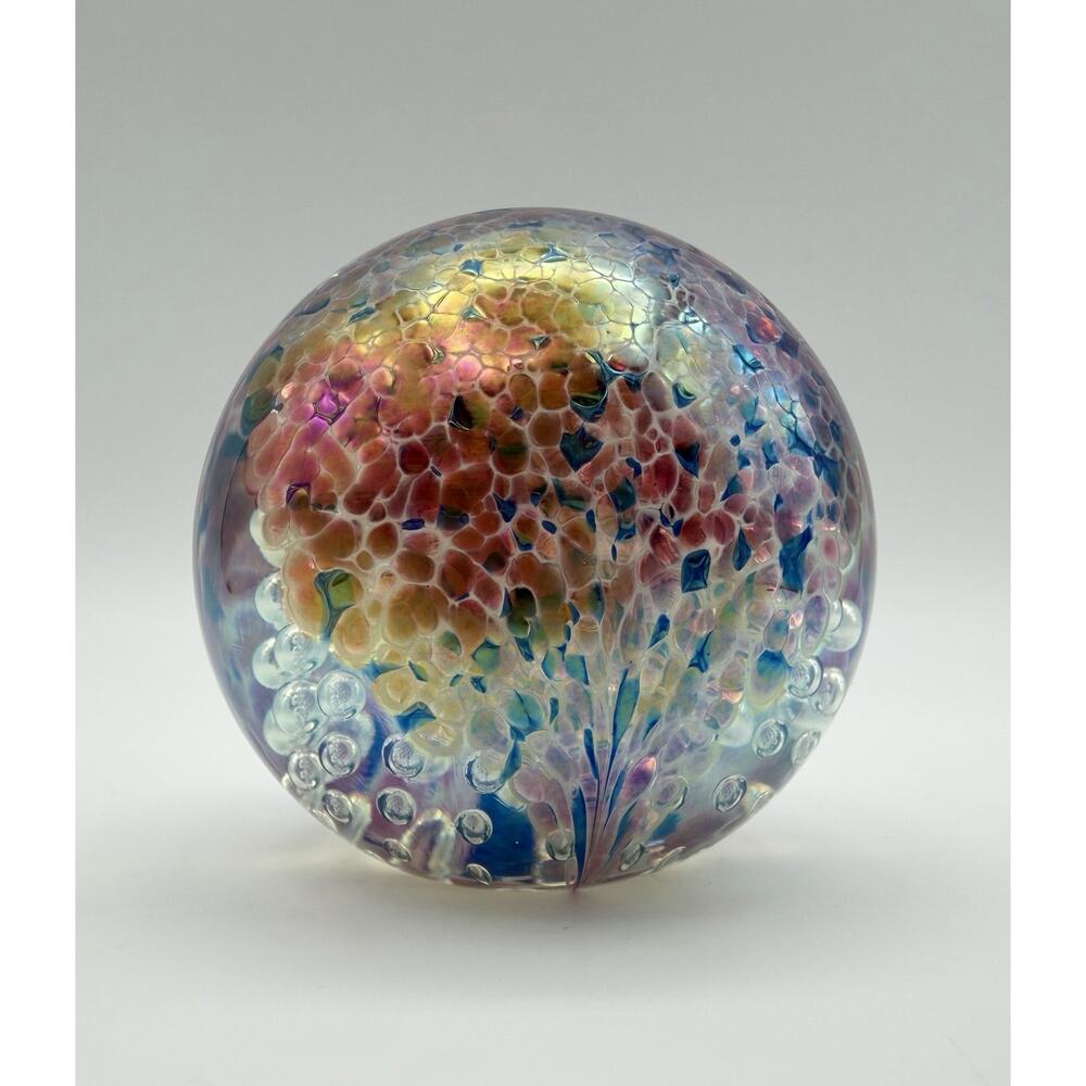 Glass Eye GES Art Glass Paperweight 2.5” Iridescent Controlled Bubbles Signed